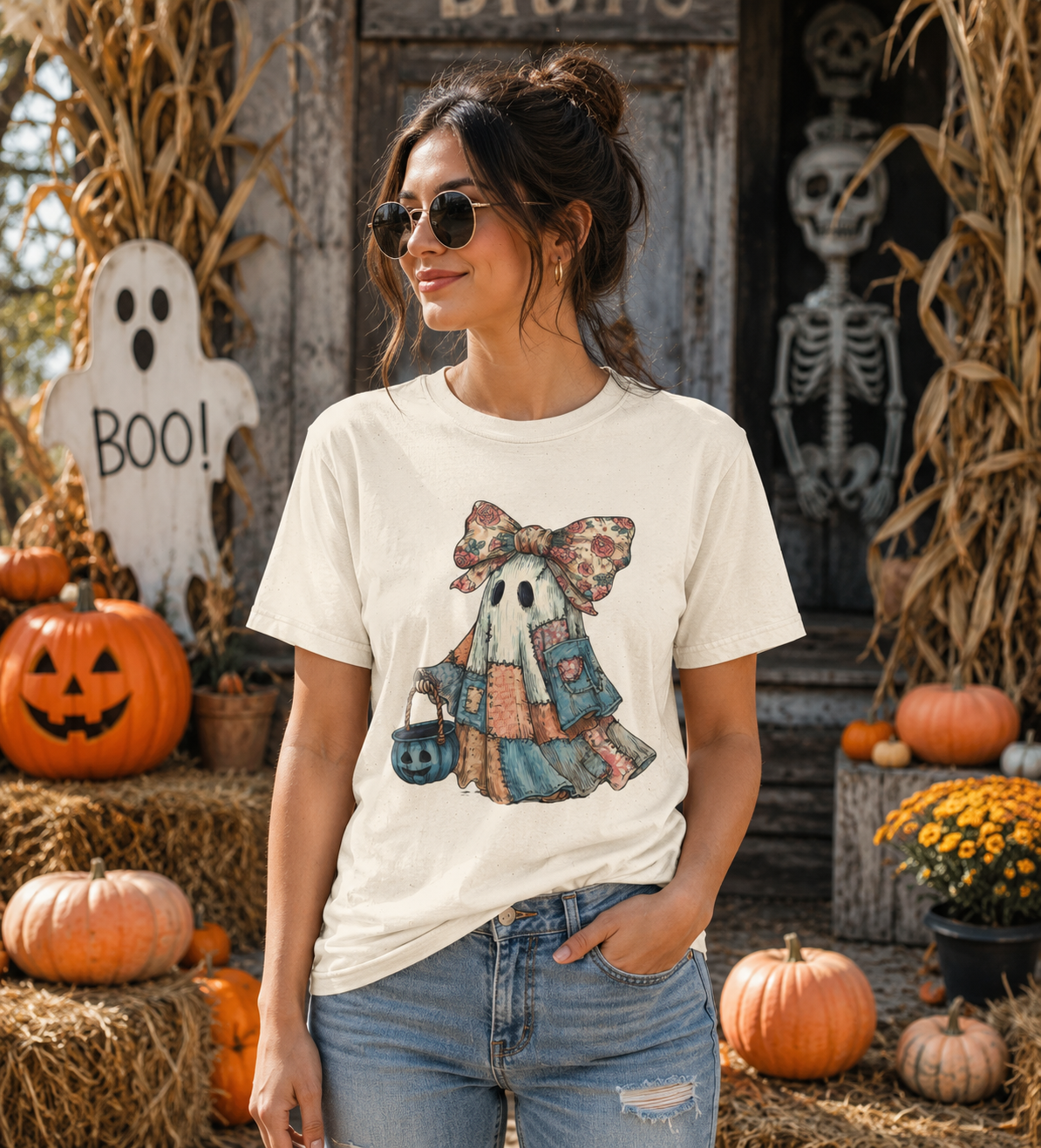 Ghost Floral Bow Halloween Tee