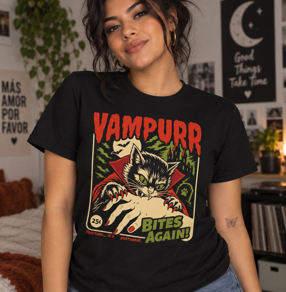 Retro Vampire Cat Halloween Tee