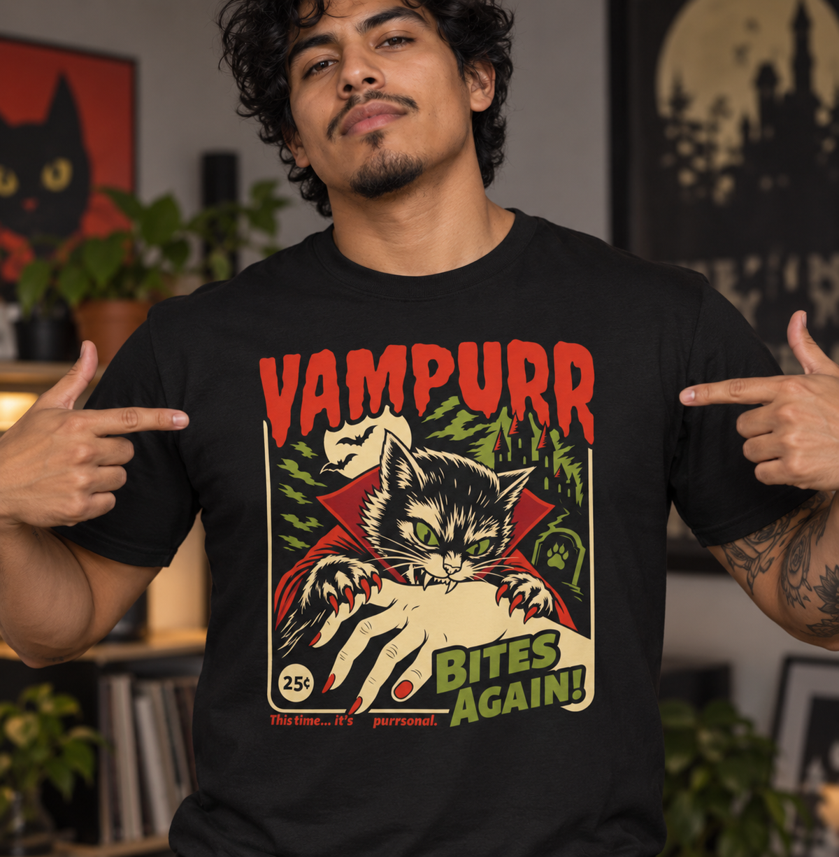 Retro Vampire Cat Halloween Tee