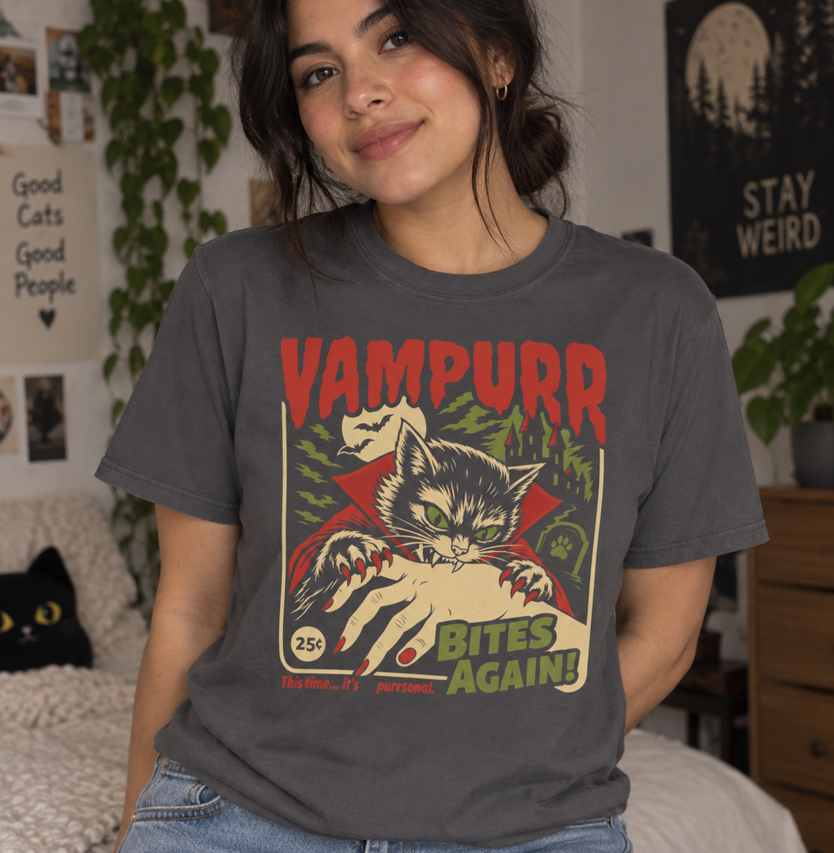 Retro Vampire Cat Halloween Tee